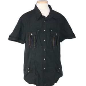 X-Ray Men's Button Down Black w/Brown Stitching on Pockets 2XL Short Sleeve